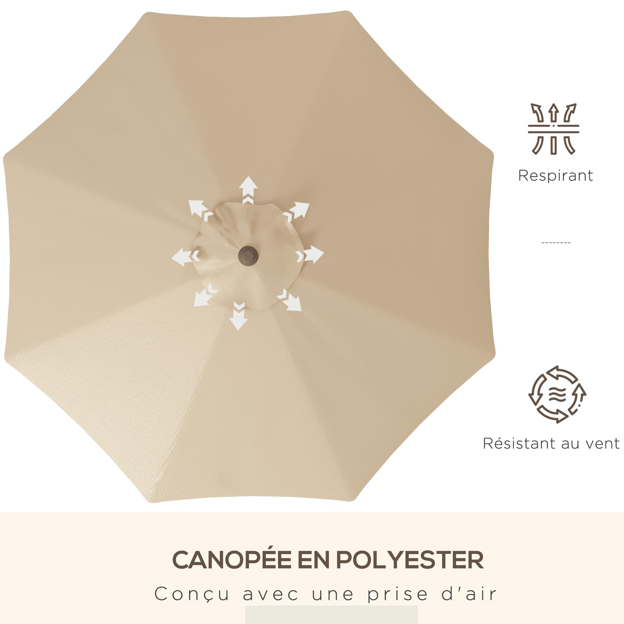 Outsunny Parasol de Jardin Parasol Droit Rond en Métal Ø 2,63 m Beige