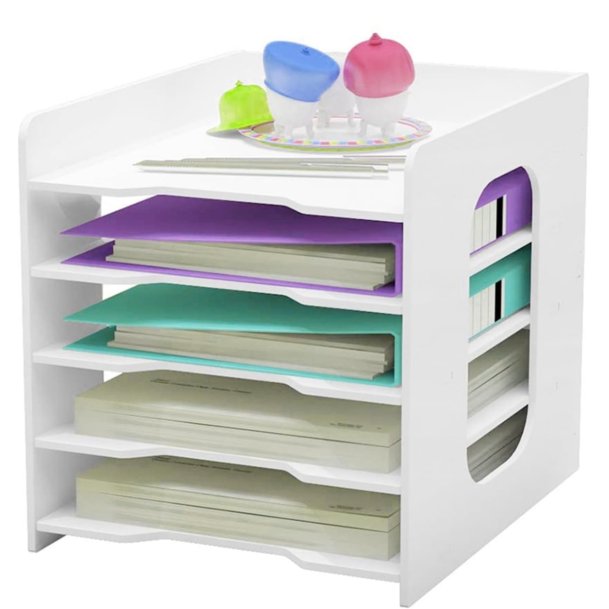 U-HOOME 5-Tier Desk Paper Storage Tray, File Organizer, Mail Letter Holder, Desktop Document Sorter, White Rack for Office, School, Home, Magazine, Scrapbook, Folders
