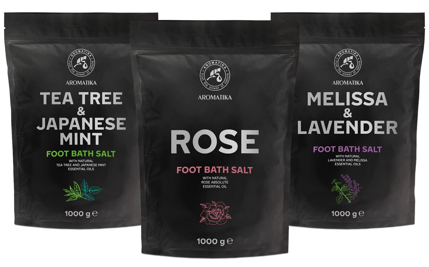 Set Sale per Pediluvio Lavanda e Melissa - Menta Piperita e Tè - Rosa 3x1000g - Pediluvio al Sale Marino Naturale - Pediluvio - Unghie - Pedicure - Sali Profumati da Bagno