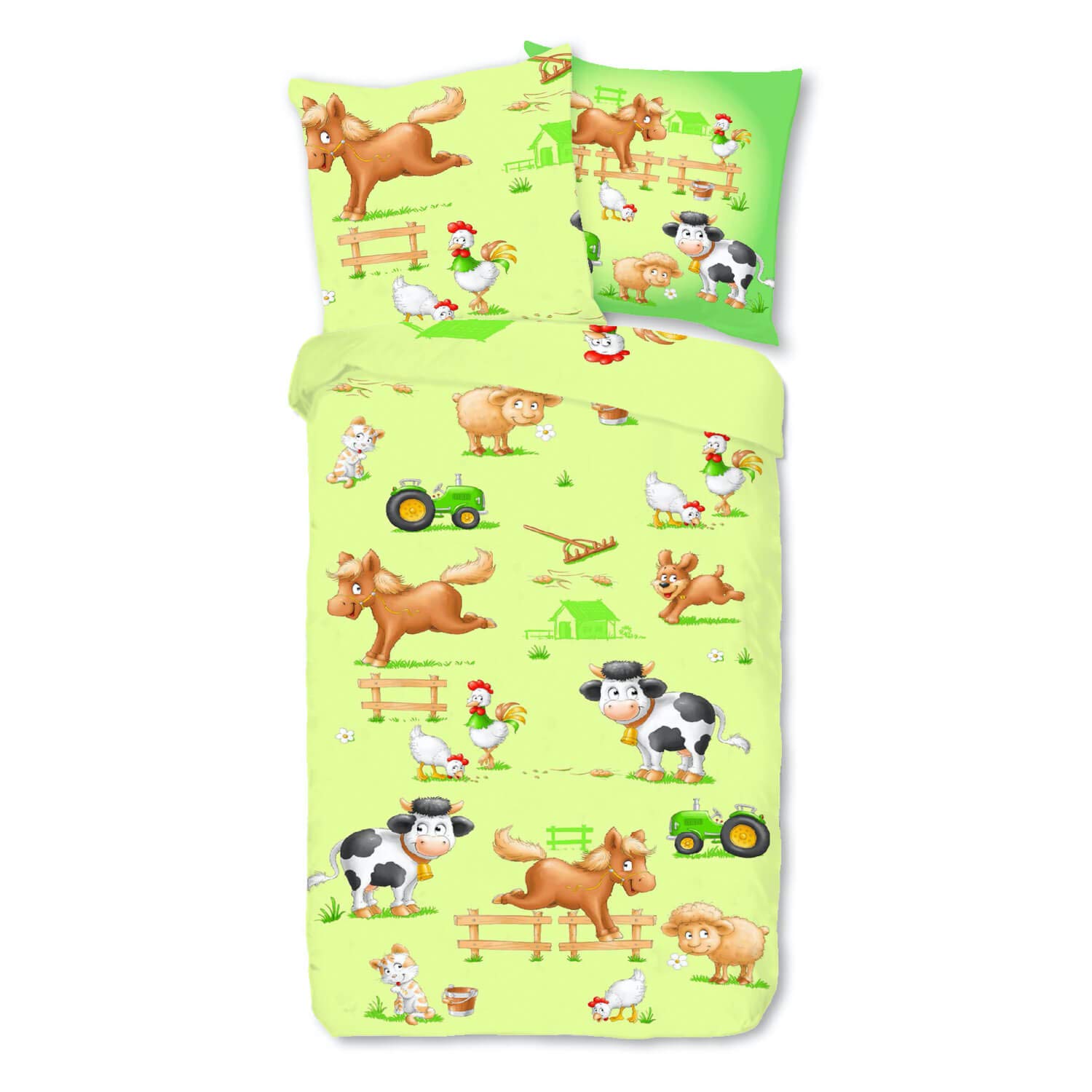 Bettwäsche Sleep and Dream Farm Tiere Pferd Kuh Traktor Huhn Hahn Schaf Katze Bunt Renforcé, Größe:135 cm x 200 cm