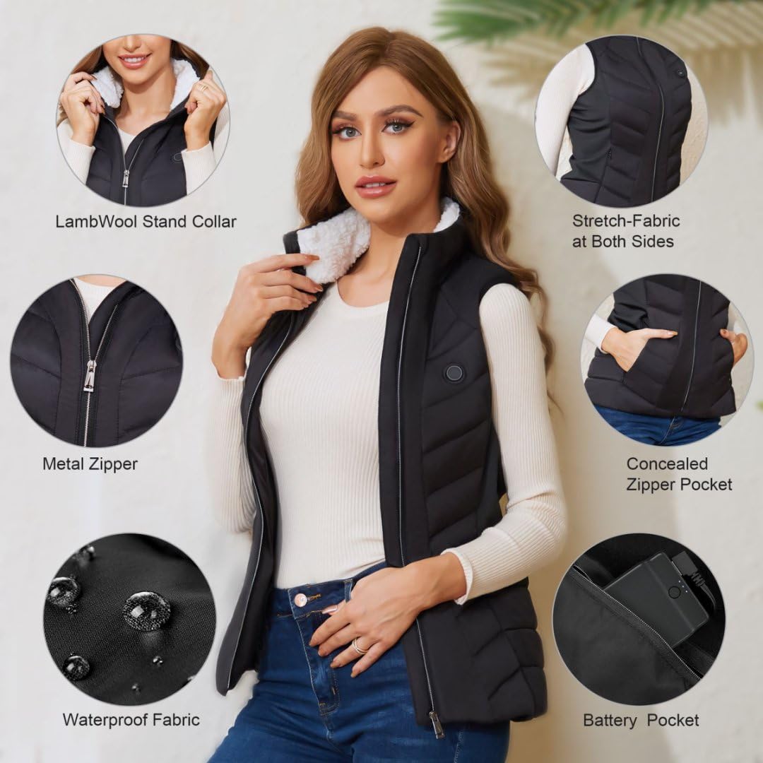 Vofuoti Beheizbare Weste Damen mit 10000 mAh Powerbank,Weihnachten Geschenk für frauen,Slim fit Wärmeweste Leichtgewicht Heizweste mit 5 Heizbereich,Beheizbare Jacke Damen für Innen,Außen,Einkaufen