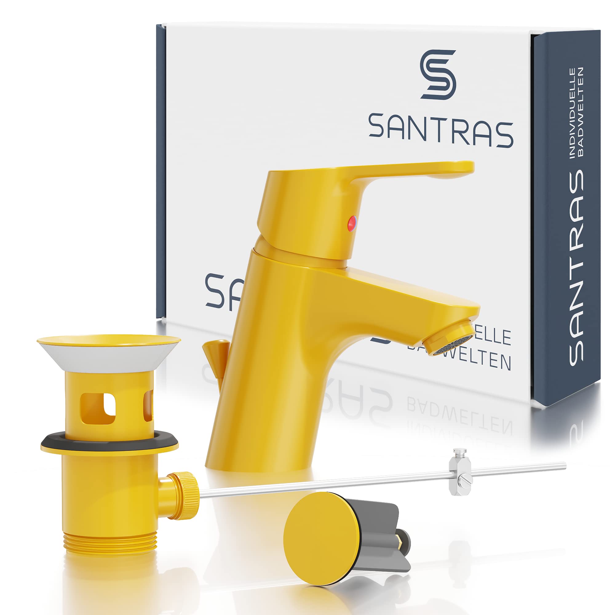 SANTRAS® Grifo de Lavabo, Grifo de Fregadero Monomando Pared, para el baño con barra de tracción, color amarillo, caliente y frío para un agujero de lavabo, fabricado en Alemania