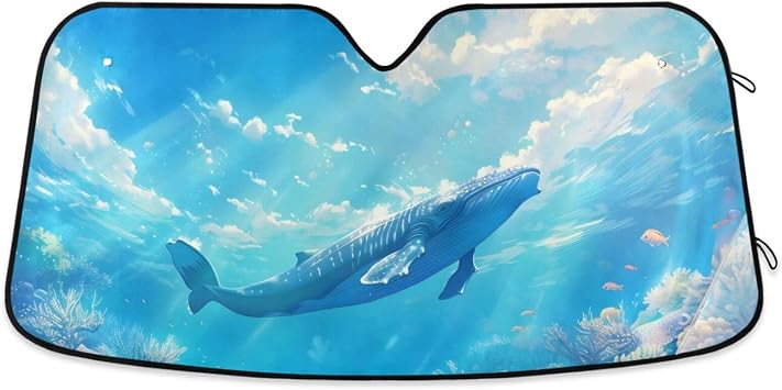 Car Windshield Sunshade, Blue Sky Whales Foldable Auto Window Sunshade, Blocks UV Rays Sun Visor Protector 55" x 27.6"