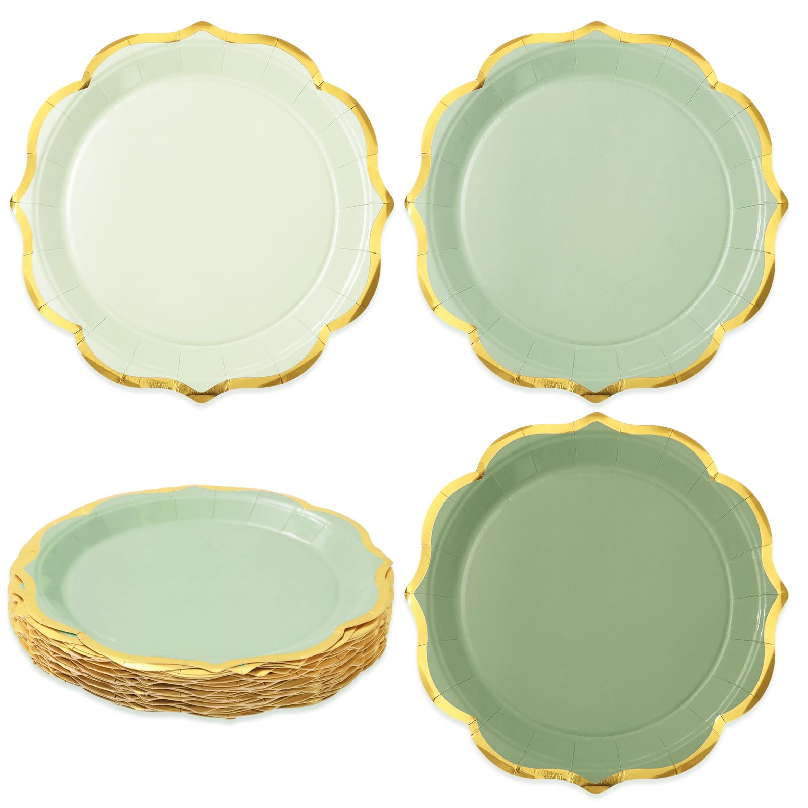 Whaline 30Pcs Sage Green Paper Plates Gold Foil Scalloped Disposable Plates Retro 3 Colors Dinner Plates for Wedding Birthday Party Supplies Table
