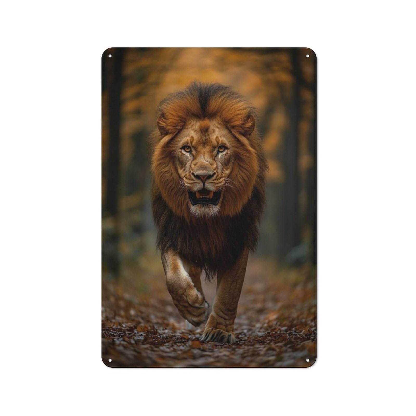 Junmoney Style-21 Majestic Lion Walking Through Autumn Forest Decorative Tin Sign 30X20cm, Rustic Rustic Kitchen Decor For Kitchen, Cottage, Porch Or Garden Room