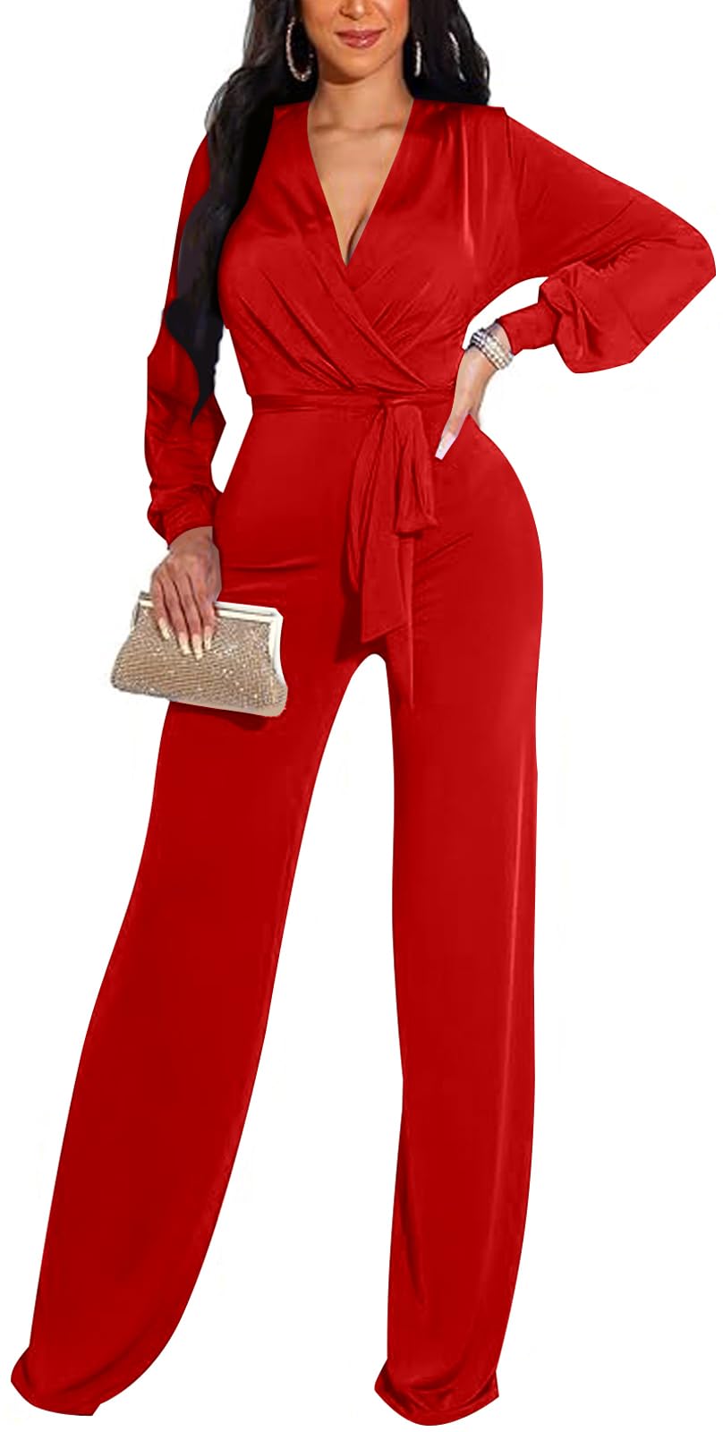 shengfan Formal Jumpsuits for Women Dressy Evening Sexy Deep V Neck Plus Size Long Wide Leg Pants Rompers Clubwear