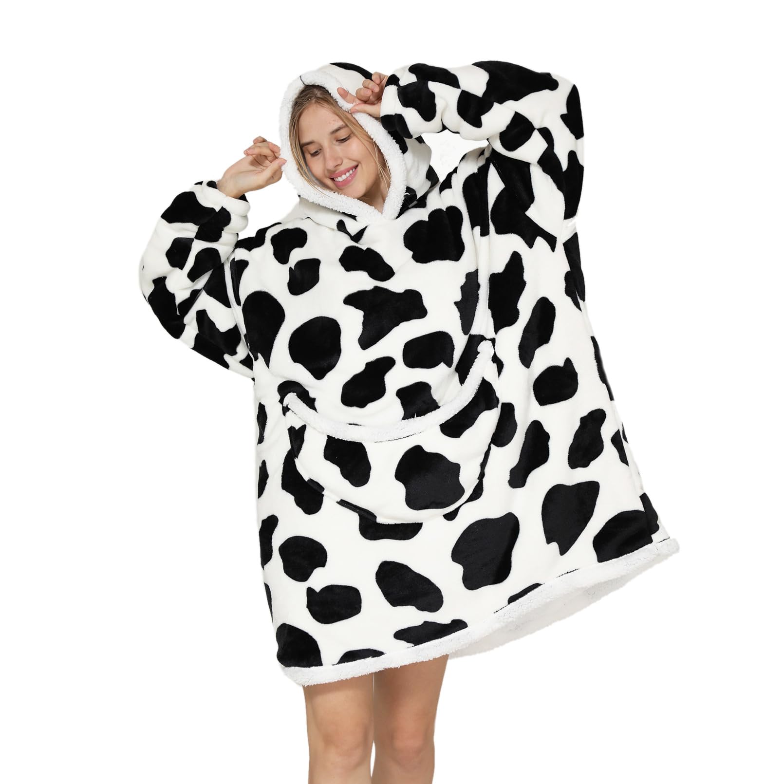 Wearable Blanket Hoodie Oversized Hooded Blanket for Adult Women Super Soft Comfortable Warm Flannel Cow