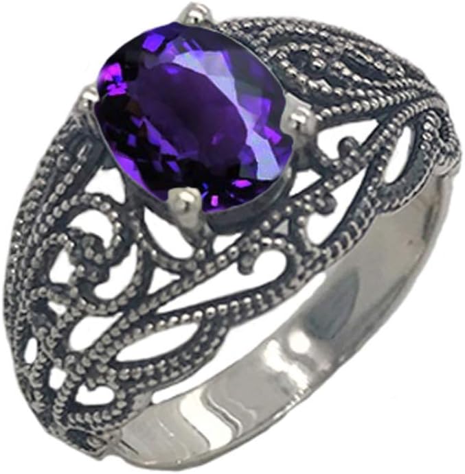 Elegant Oxidized Sterling Silver Personalized Genuine Birthstone Filigree Ring