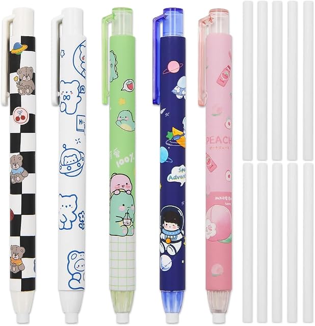 5Pcs Pencil Retractable Click Eraser with 10Pcs Refill Erasers, Refillable Pen Shape Rubber, Press Type Mechanical Eraser for Kids Students Painting Writing
