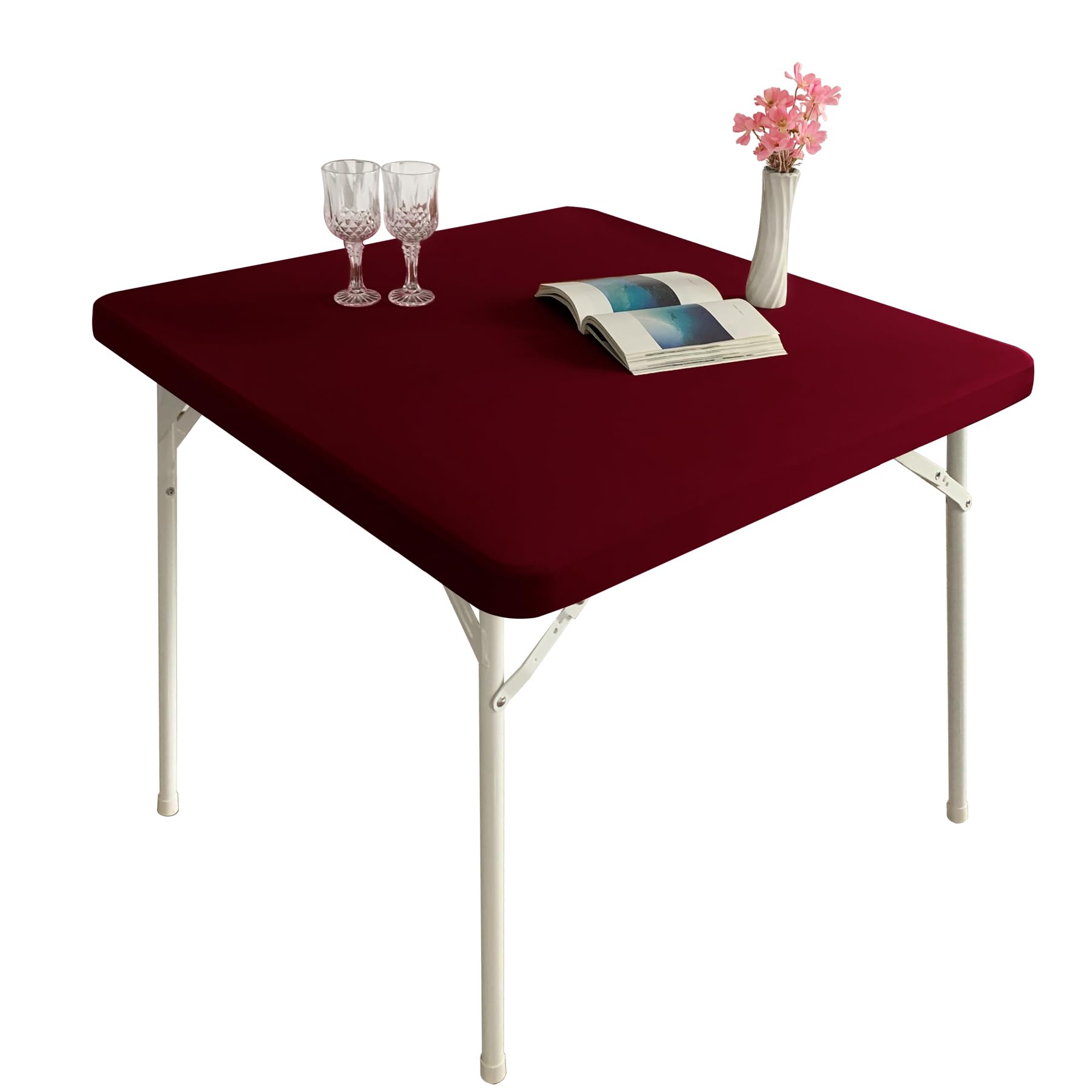 Monibana Cocktail Fitted Spandex Stretch Square Table Covers Caps Elastic Square Tablecloth Burgundy Table Topper 34x34 Inch