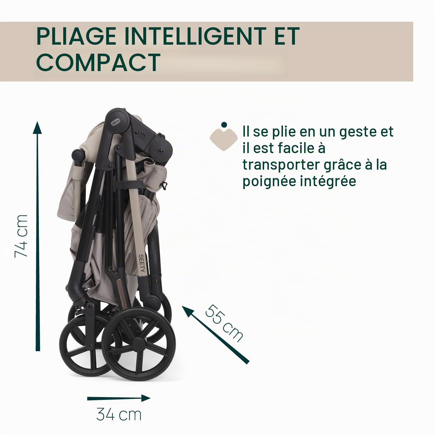 Chicco Poussette Seety, Poussette Légère et Compacte de 0 Mois à 4 Ans, Charge Max 22 kg, Poussette Pliable, Dossier Inclinable, Fermeture Automatique en 1 Geste, Canopy Pare-soleil et Habillage Pluie