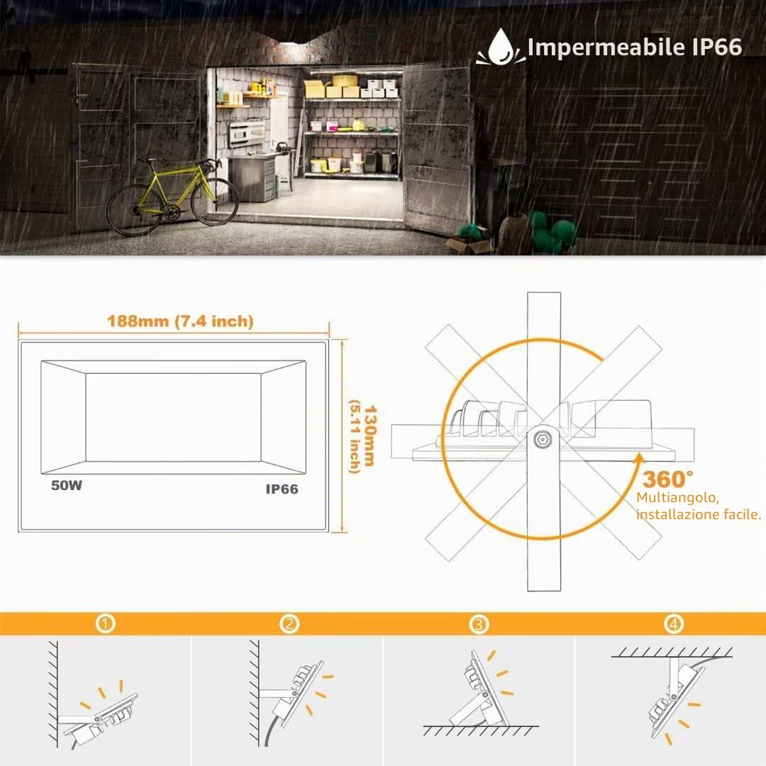 Faretto LED da Esterno 50W 4450LM, faretto che cambia colore RGBW, equivalente a 500W, luce di inondazione RGB bianca calda 3000K, Proiettori per esterni(confezione da 2)
