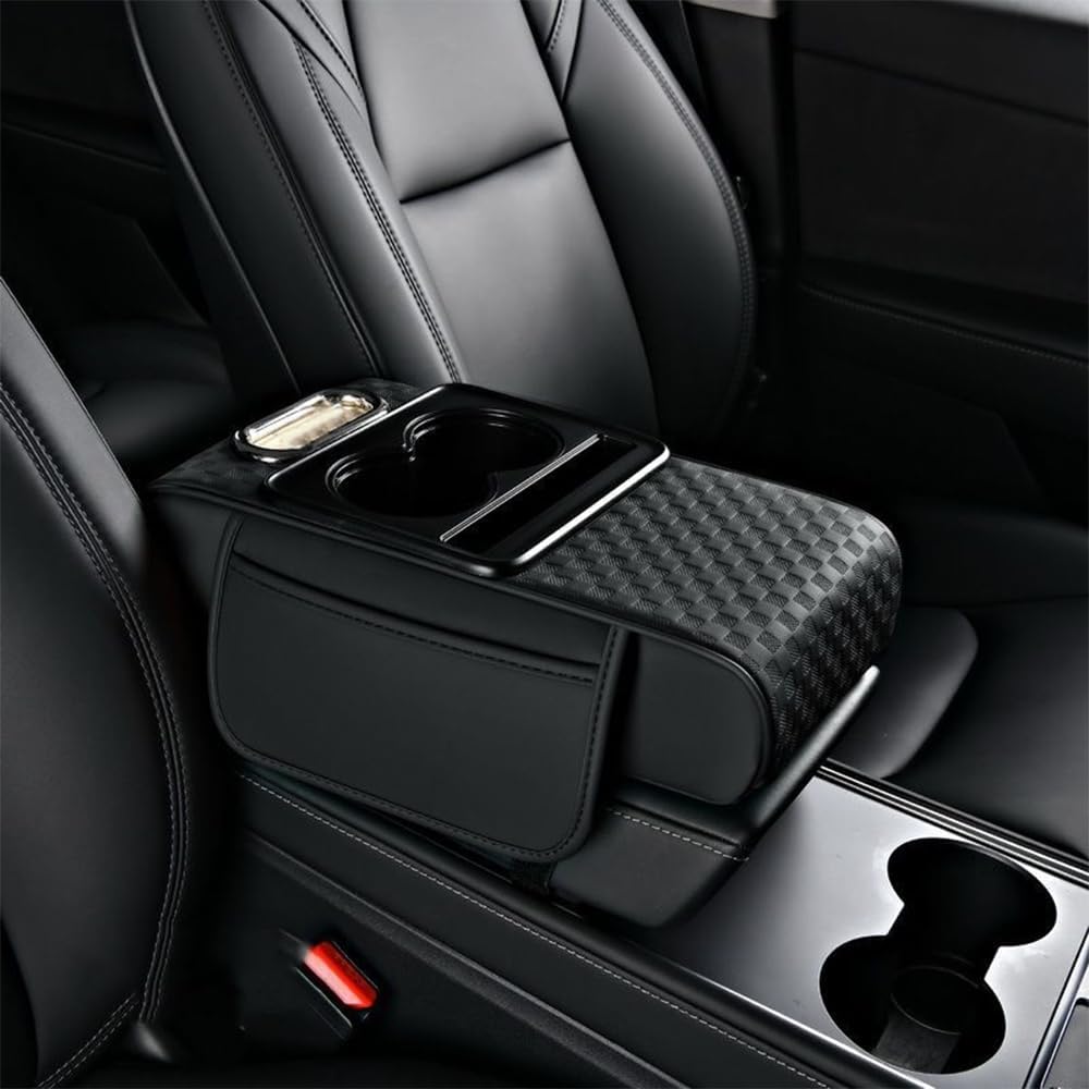 5 in 1 Car Center Console Cover, Memory Cotton Car Armrest Pad with 2 Storage Pockets, Cup Holder, Tissue Box Slot, Phone Holder, Universal Car Interior Organizer (Black, Wide(13.8 * 7.1 * 3.2inch))