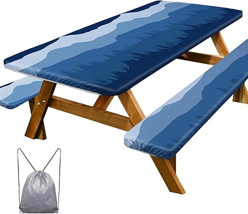 ICOSY Mantel de picnic con fundas de banco de 30 x 72 pulgadas, resistente al viento, mantel rectangular ajustable para mesas de 6 pies, accesorios