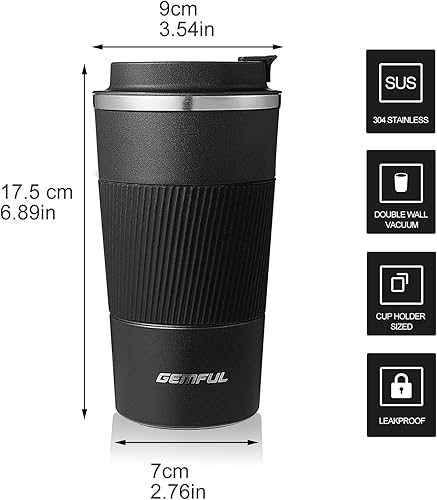 Miniatura 2 de GEMFUL Taza de café de viaje de 17 oz para llevar con tapa, vasos aislantes de acero inoxidable reutilizables, vaso de viaje a prueba de fugas,
