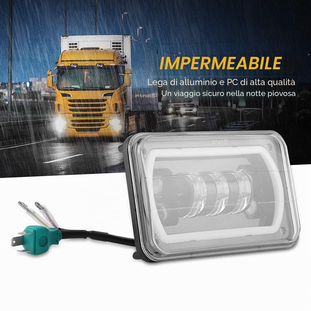 Tbest Faro anteriore sostituzione per camion, Camion 4 pollici x 6 pollici Faro anteriore a LED Luce quadrata a fascio alto/basso Halo bianco sostituzione per 1979 2003