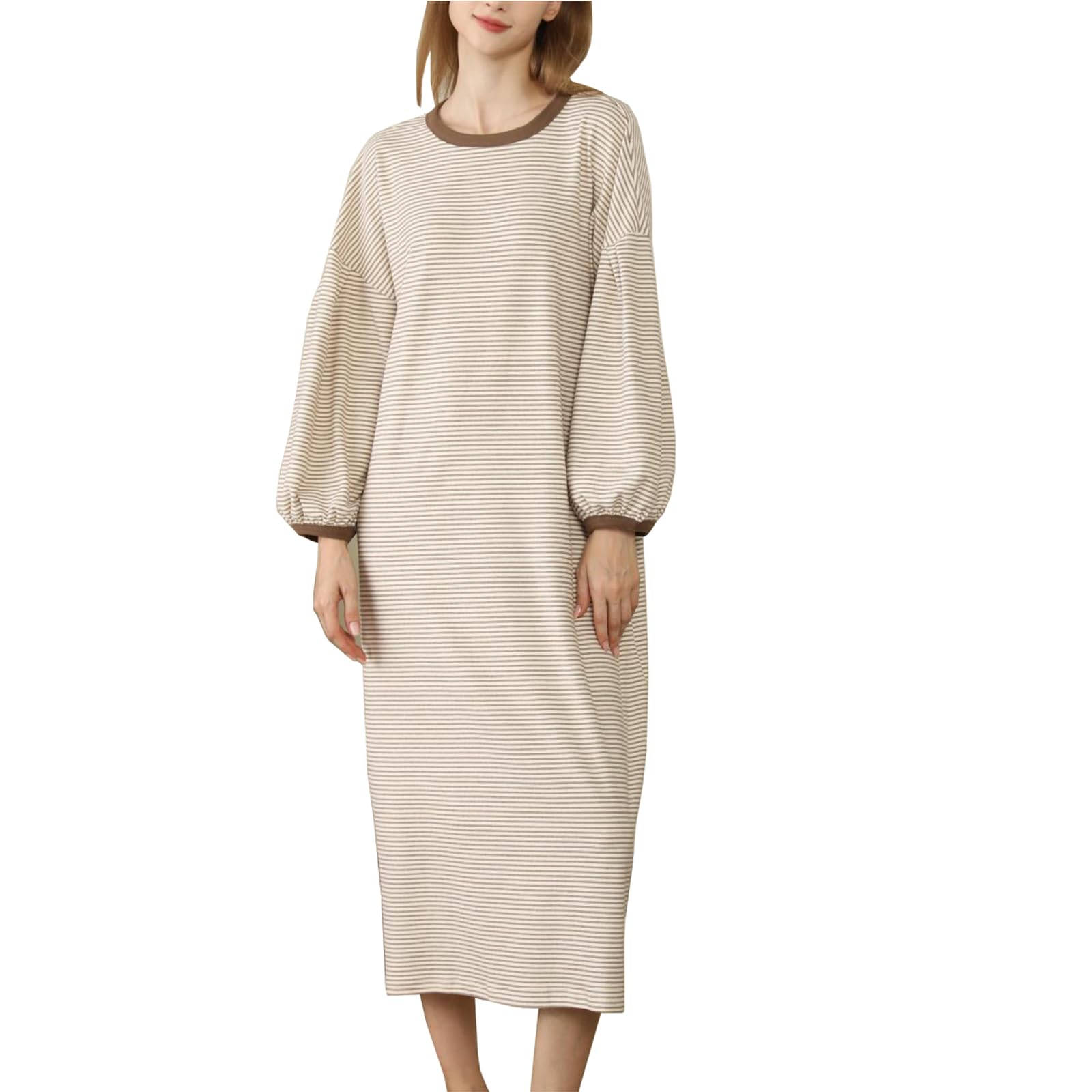 Generic Długie koszule nocne w paski dla kobiet, miękka koszulka nocna z okrągłym dekoltem luźna bielizna nocna Fit Pullover,Curry stripe,One Size