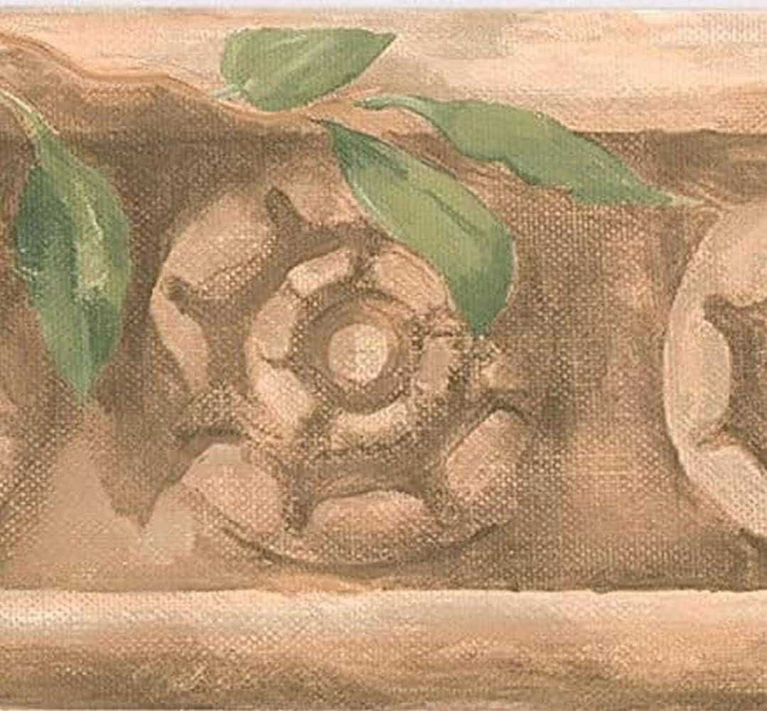 CONCORD WALLCOVERINGS ™ Wallpaper Border Tropical Pattern Architectural Design Faux Stone Plants for Dining Area Cottage Trailer House, Brown Beige Green, 5.25 Inches by 15 Feet OT4184B
