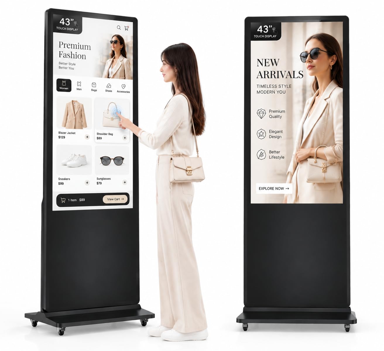 43 Inch Digital Signage Kiosk, 4K Touchscreen Floor Standing Advertising Display with IPS LCD Screen, Android OS and Auto Media Player