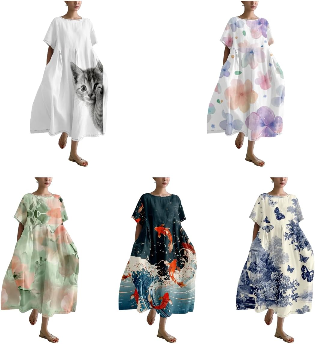 Womens Boho Summer Dresses Oversized Comfy T Shirt Dress Elegant Crew Neck Short Sleeve Sundress Camping - Image 4