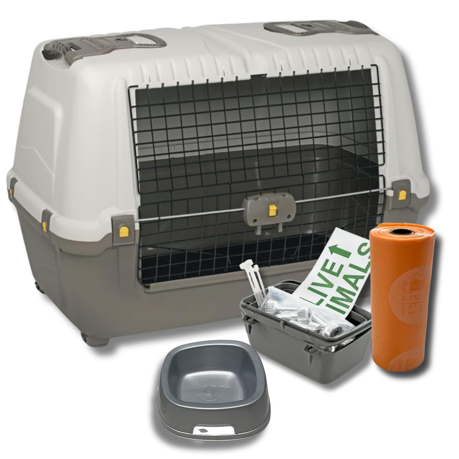 Pet’s Market Trasportino Skudo 90 Car Cane con Kit Viaggio Viti Ciotola Adesivo con 2 Rotoli Sacchetti Igienici 2 Ciotole Casuali Omaggio Auto Plastica Porta Ferro Grigio Scuro (90+KIT (89x51x60H) cm)