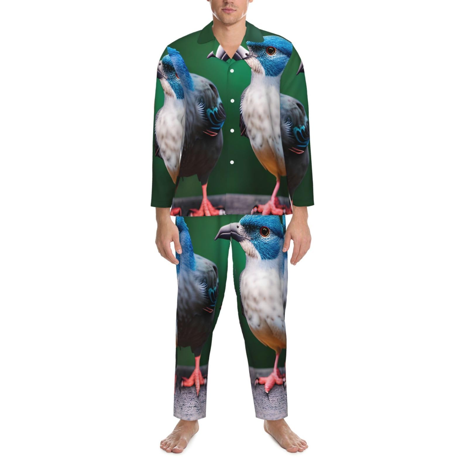 Zweiteiliges Pyjama-Set für Herren, langärmelig, mit zwei Vögeln, bequeme Nachtwäsche