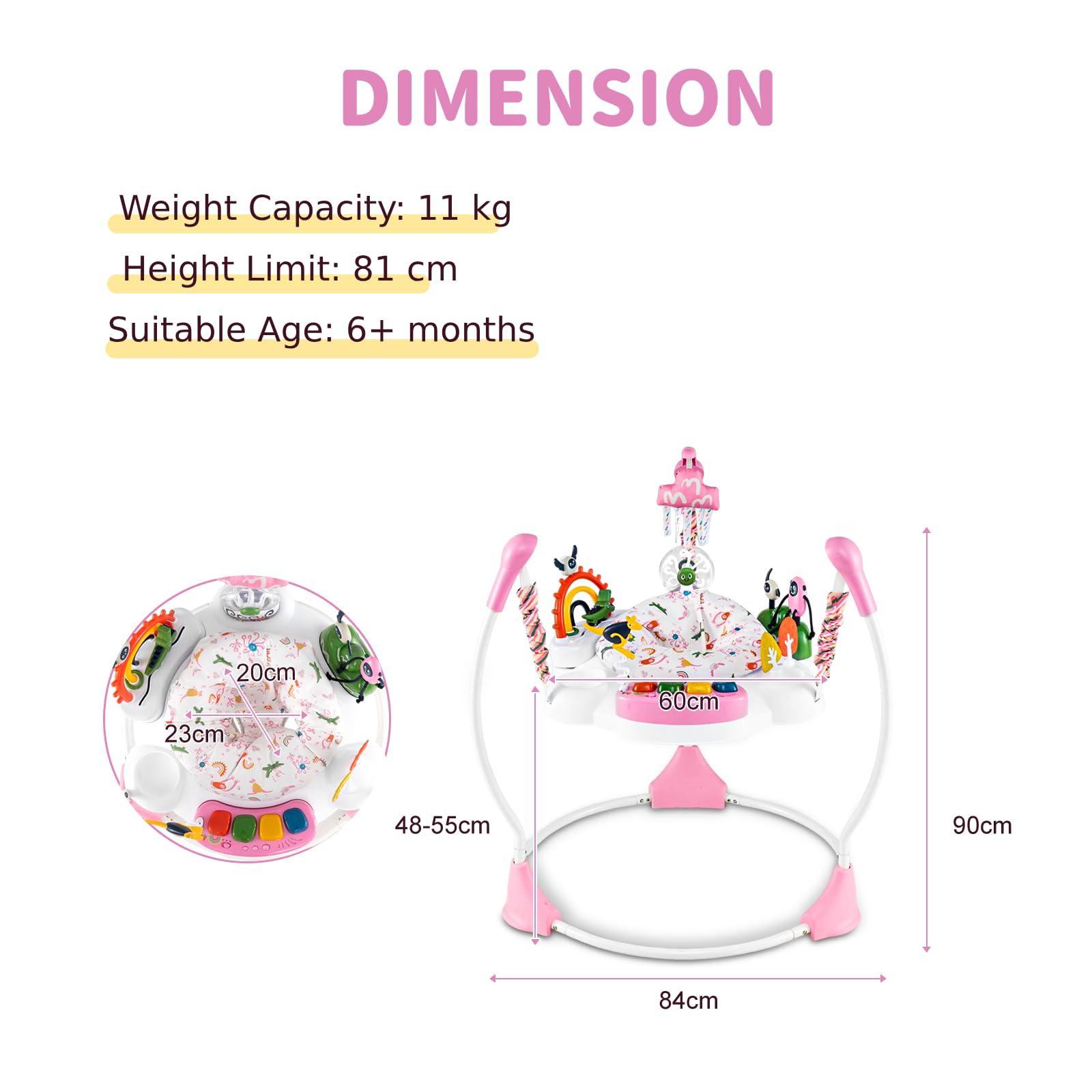 GYMAX Baby Jumpers & Bouncers, Interactive Baby Jumperoo Activity Center with 360° Rotary Seat, 3 Adjustable Heights, Music, Lights, Interactive Toys, Toddler Bouncer for 6 Months+ (Pink) — view 6