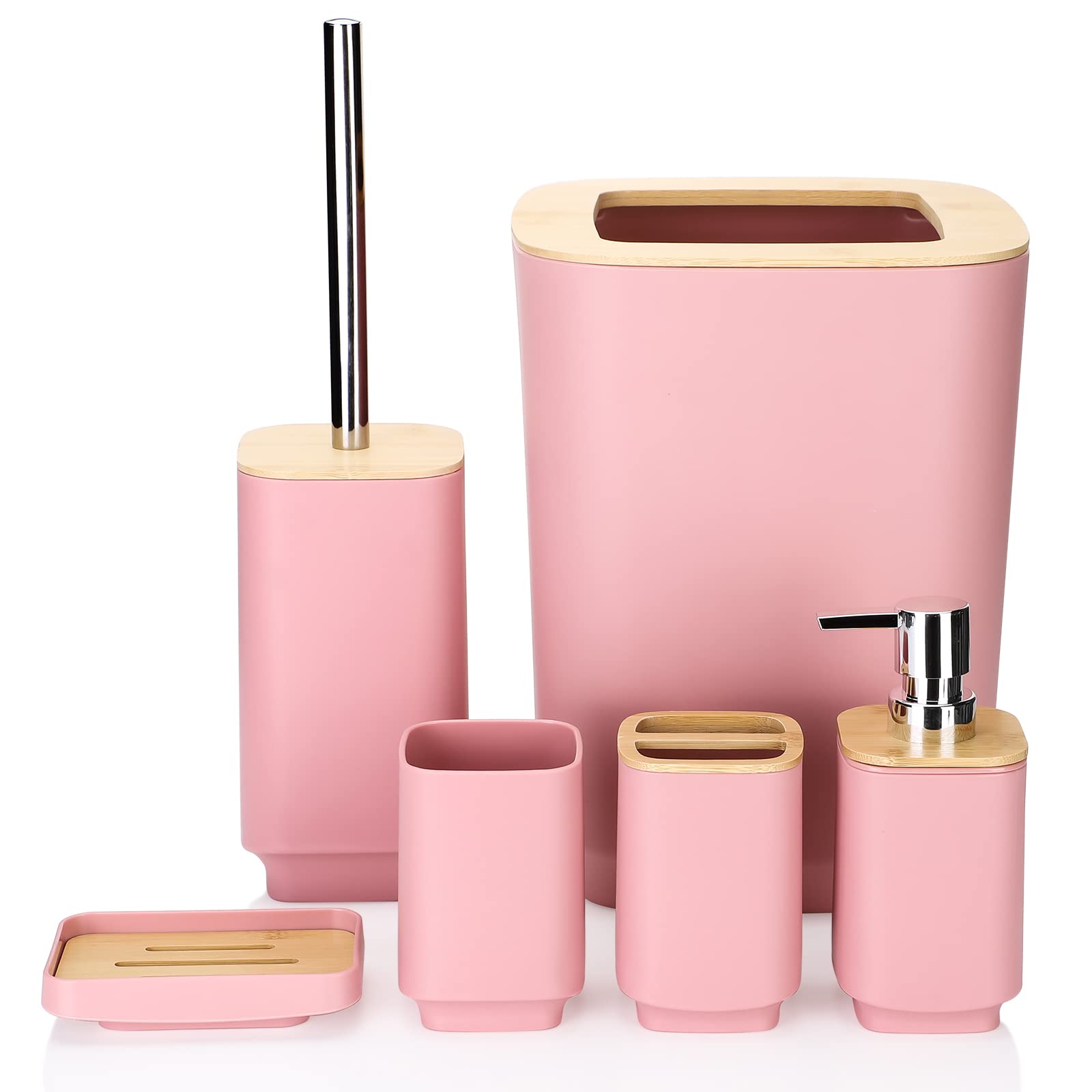 JOTOM Bamboo Bathroom Accessories Set of 6 Modern Design 6 Pieces Bathroom Accessory Set Soap Dispenser Toothbrush Holder Tooth Mug Soap Dish Toilet Brush Rubbish for Bathroom Home Decor (Pink)