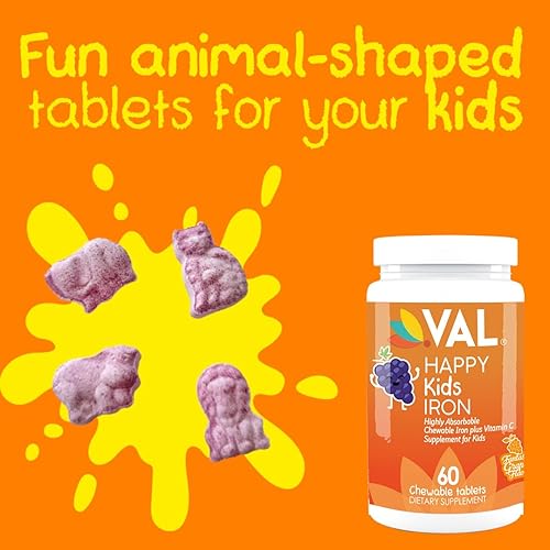 Miniatura 4 de VAL Happy Kids Suplemento de hierro para niños, sin azúcar, vegano, fantástico sabor a uva, forma divertida, 60 tabletas masticables, a partir de 4