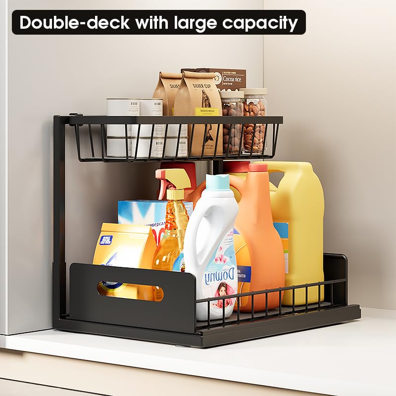Under Sink Organizer, 2 Tiers Sliding Pull-Out the Under Kitchen Bathroom Sink Organizer and Storage, Multi-Purpose Cabinet Storage Shelf (Black) - Image 3
