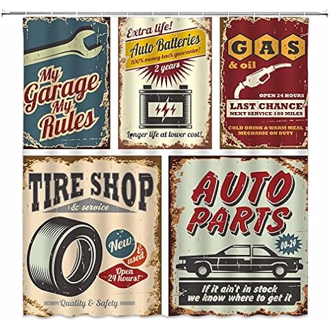 FILMILIL Car Shower Curtain 1950s Retro Country Garage Antique Car Accessories American Repair Poster License Plate Nostalgic Letter Bathroom Decor Curtains Polyester Fabric (Red, 70 X 70 Inch) Cover