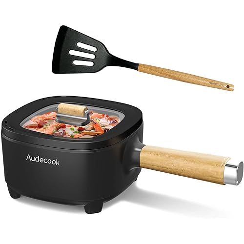 Audecook Hot Pot Electric 2L, Cermic Glaze Non-Stick Frying Pan 8 Inch, Portable Travel Cooker for Ramen/Steak/Fried Rice/Oatmeal/Soup, with Dual Power Control (Silicone Spatula Included)