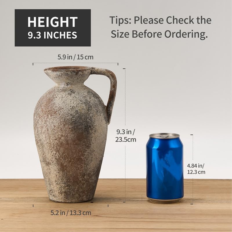 LUKA Ceramic Rustic Farmhouse Vase,9.25 inch Terracotta Vase with Handle,Neutral Tall Clay Vases Decorative Vases for Living Room,Table,Shelf Decor(Brown,L) - Image 2