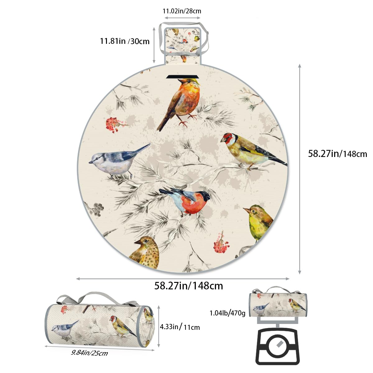 Shimoshe Vintage Bird Picnic Outdoor Blanket Foldable Waterproof Sandproof Beach Blanket Portable Water-Resistant Round Picnic Mat for Travel Camping Park Lawn