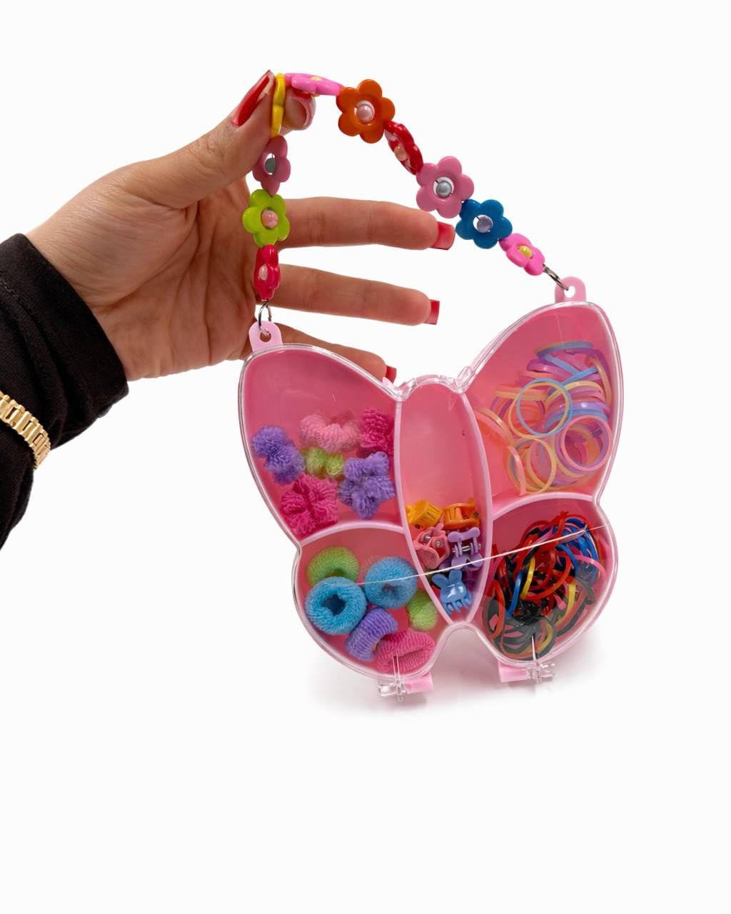 Kelebek Şekilli Pembe Saç Aksesuarları Seti, Renkli Lastikler, Tokalar ve Scrunchie, Kız Çocukları için