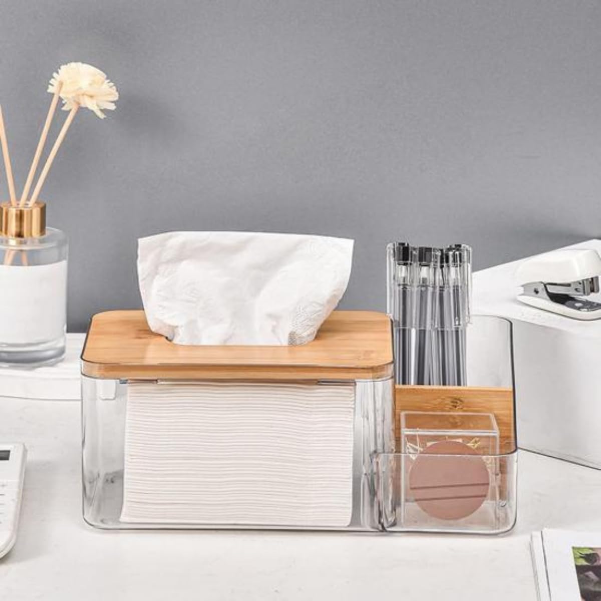Bambulu Şeffaf Peçetelik ve Organizer – Çok Amaçlı Masa Düzenleyici, Modern Minimalist Tasarım