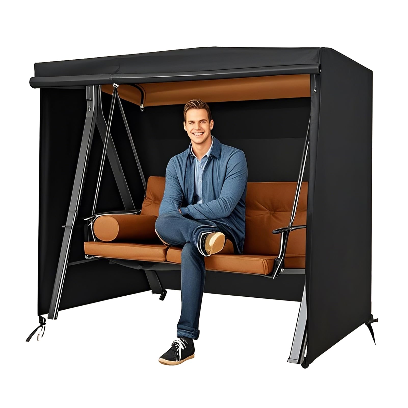 3 Seater Garden Swing Covers Waterproof Heavy Duty 420D Oxford Fabric Outdoor Swinging Chair Cover Windproof Anti-UV Patio Garden Hammock Cover with Zips (Black,220x150x150cm-86.6x59x59in)