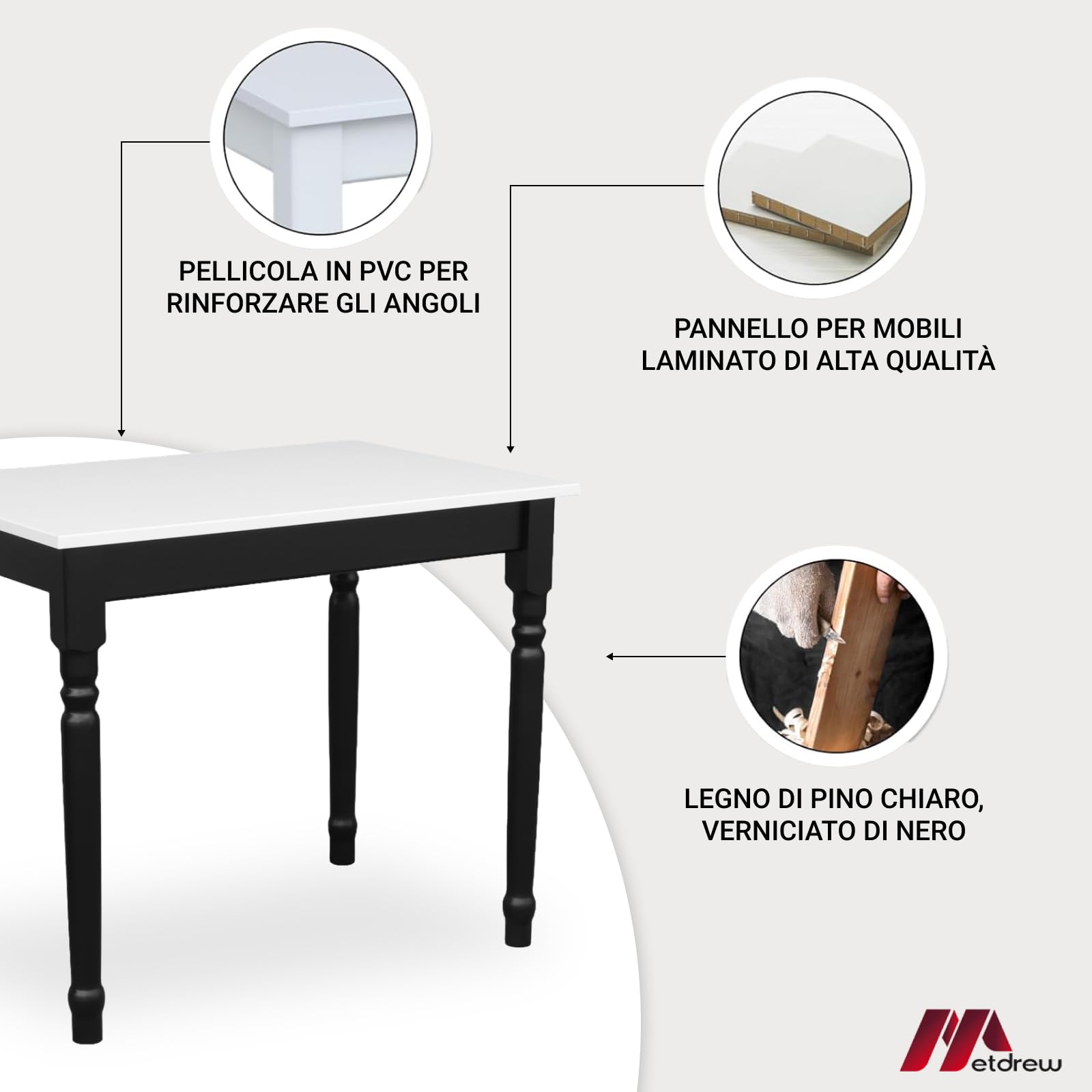 Tavolo da Pranzo in Legno 80x60 cm per 2 Persone - Tavolo Cucina Piccolo Stile Scandinavo - Pino - Piano Bianco