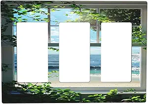 Decorative Outlet Covers Window Beach Seascape View Green Leaves 3 Gang Wall Plate Triple Rocker Light Switch Cover Plate Jumbo Electrical GFCI Faceplate for Bedroom Bathroom Decor