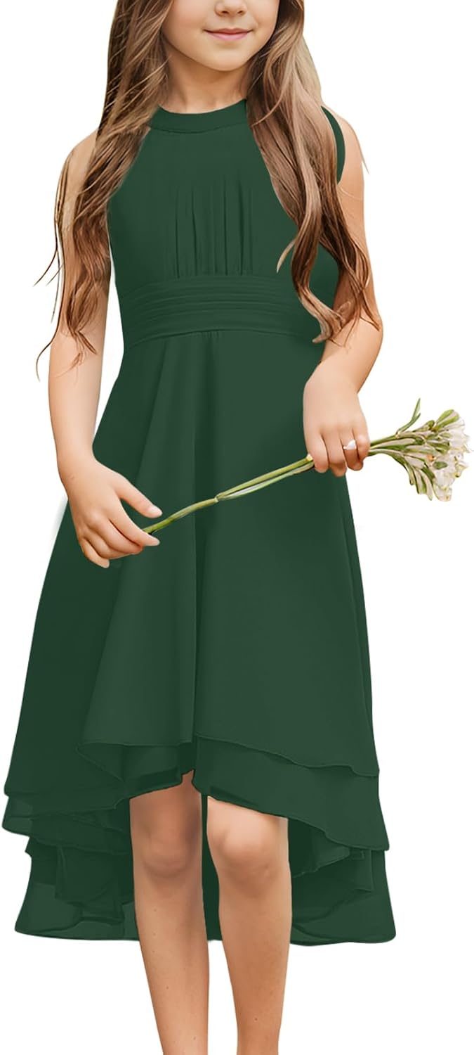 Chiffon Flowy Dresses Flower Girls Asymmetrical with Ruffles Sleveless Swing Party Gowns A-Line Dress…