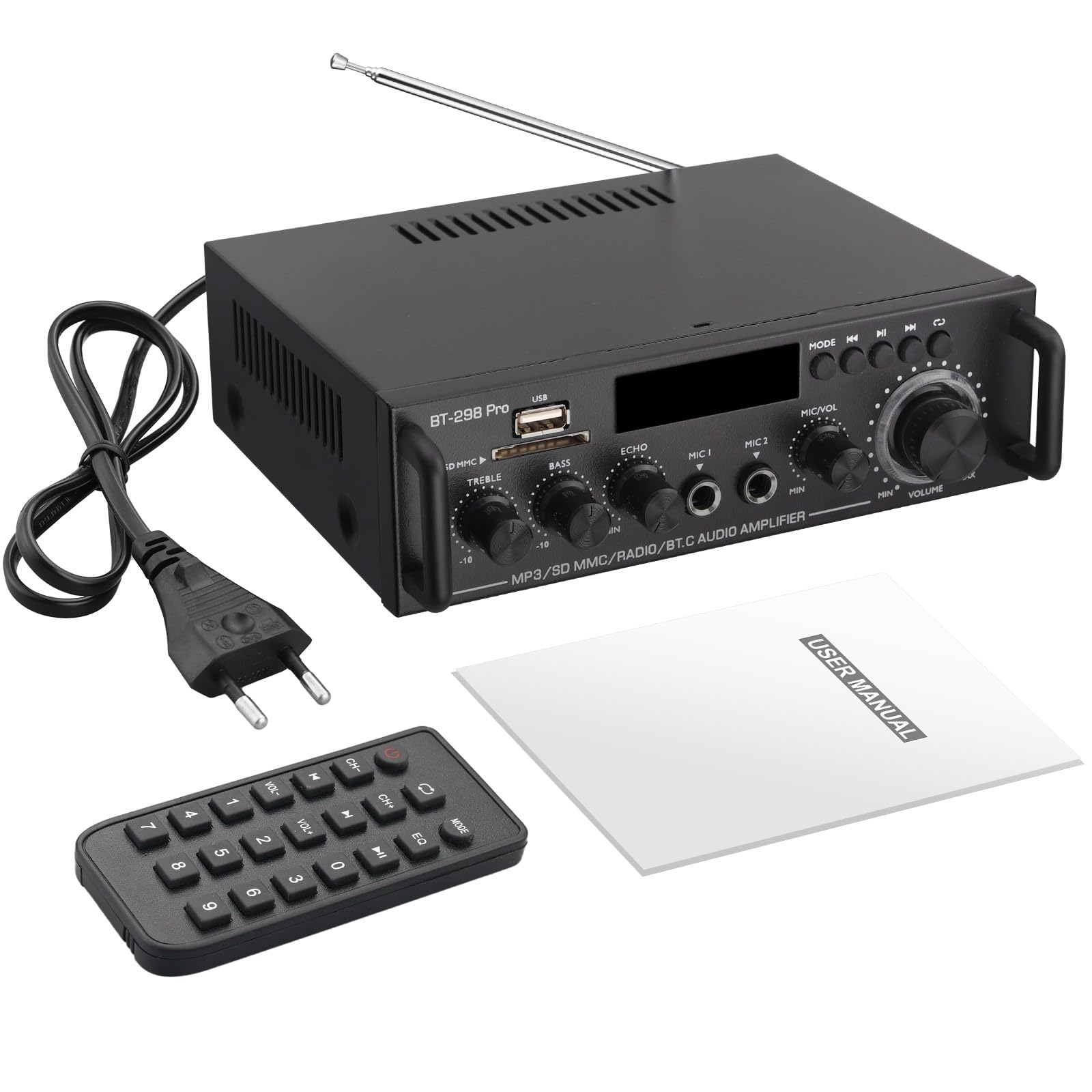 PROZOR Amplificateur Audio Amplifi Hi-F Stéréo Bluetooth avec 2 MIC Réglag Aigu/Basse/Echo Amplifi de Son Carte SD USB FM Entrée Ampli Bluetooth avec Télécommande 230V/12V pour Maison/Voiture