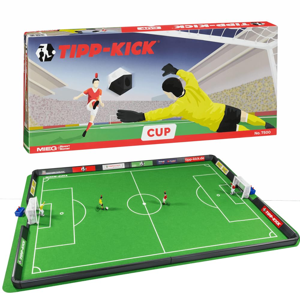 TIPP-KICK Cup 110 cm x 65 cm mit Bande – Das spielfertige Set mit 2X Spieler, 2X Torwart, 2X Netztor, 2X Ball I Spielfeld aus Filz