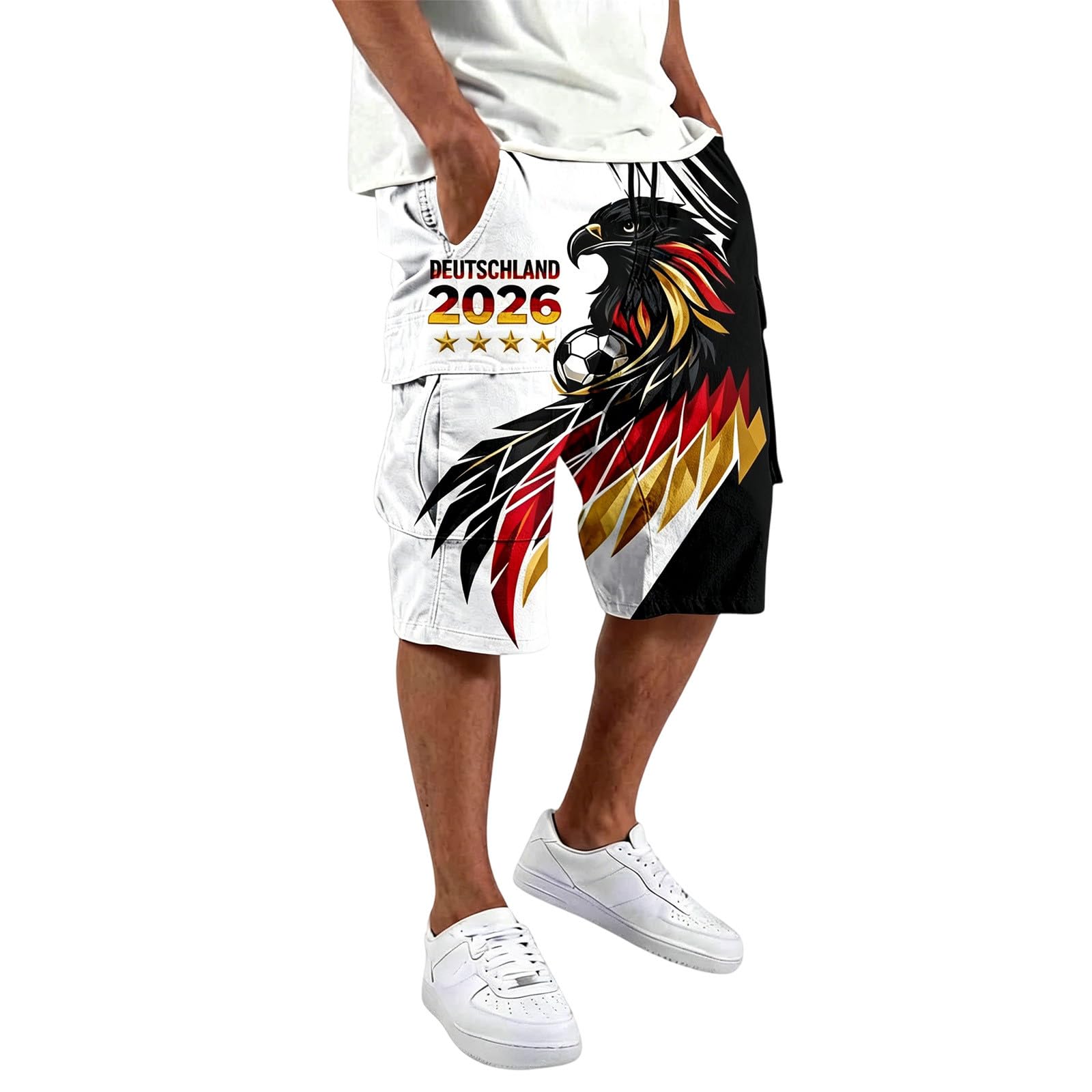 Herren Cargo Shorts mit Adler und 4 Stern Deutschland Flagge Retro Kurze Hosen WM 2026 Fußball Sportshorts Elastische Bund Cargoshorts Freizeithose Deutschland-Symbol Arbeitshose