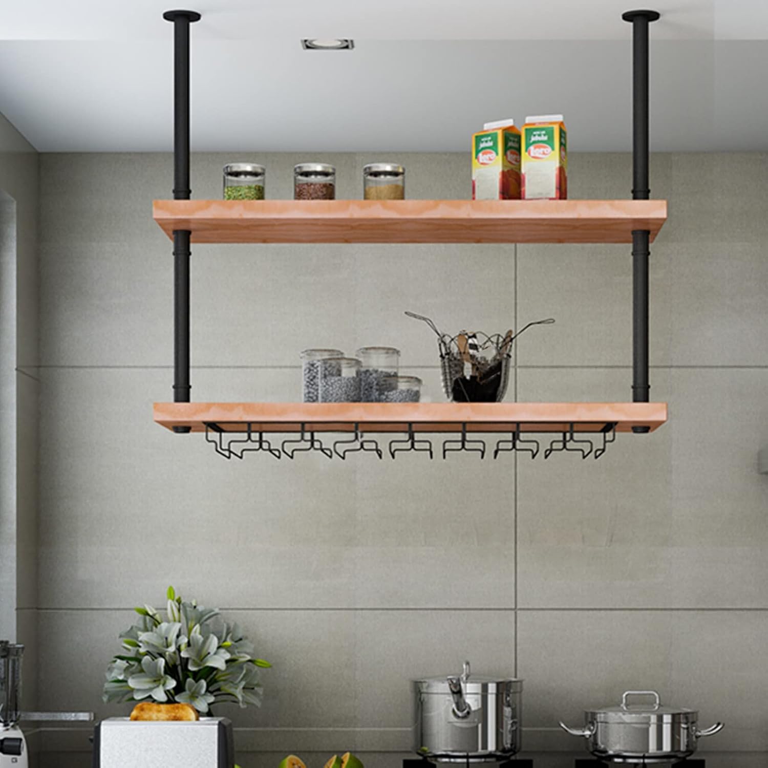 Industrial Ceiling ShelfEuropean Hanging Wine Bottle Holder & Kitchen Storage Rack for Spices Pots & PansMetal Iron & Solid Wood (60x25x70cm) No Glass Holder