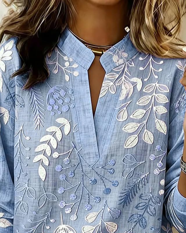 Women's Heavy Industry Stand Collar V-Neck Floral Embroidered Long Sleeve Blouse Elegant Spring Summer Top
