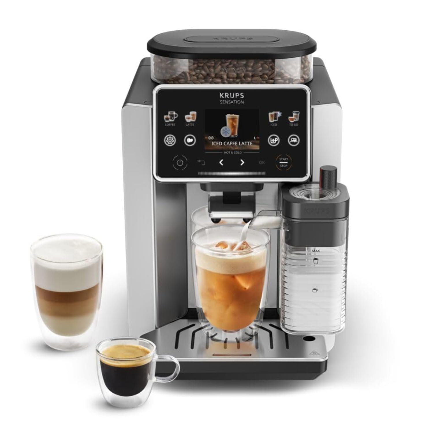 KRUPS Sensation Elite - Máquina de café totalmente automática caliente y fría, pantalla táctil fácil de usar, tecnología Cold Brew, recetas personalizables, tecnología Milk Maestro, color plateado
