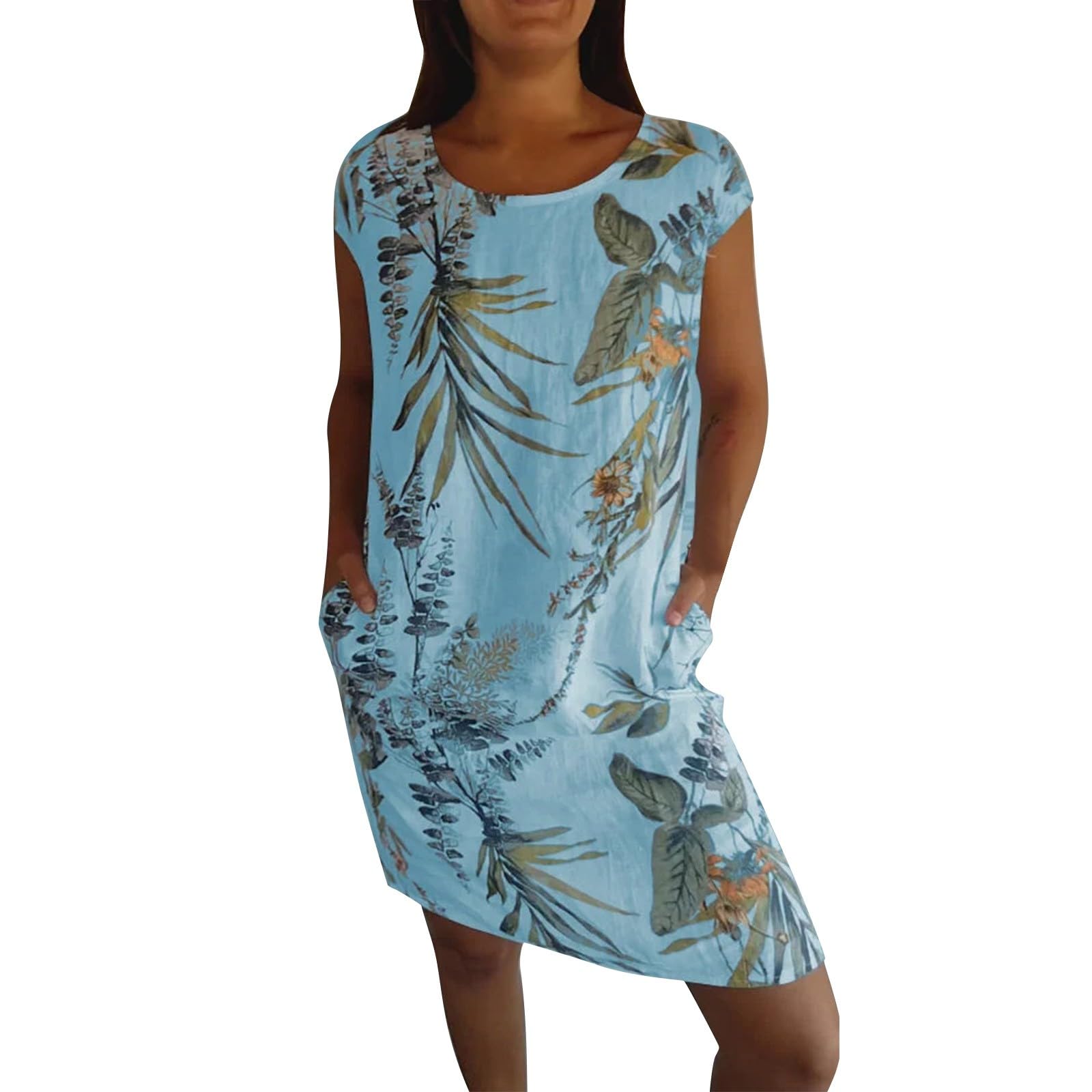 Leinen Sommerkleid Damen, Leinenkleider Damen Mit Taschen Sommer Strandkleid Große Größen Kleider Frühling Luftig a Linien Boho Musselin Leinen T Shirt Kleid Lässiges Sommerkleider Leicht Und Luftig