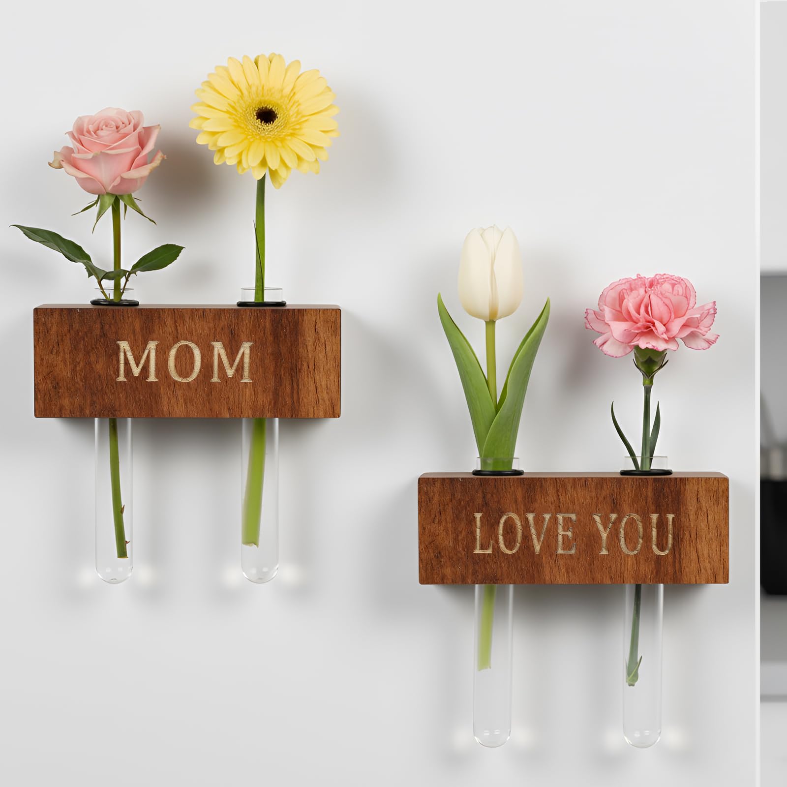 Mini magnetyczne drewniane wazony z grawerunkiem MOM & Love You – drewniane klocki z probówkami, dekoracja stołu i lodówki, prezenty dla mamy od córki, wyjątkowe prezenty urodzinowe dla mamy od syna