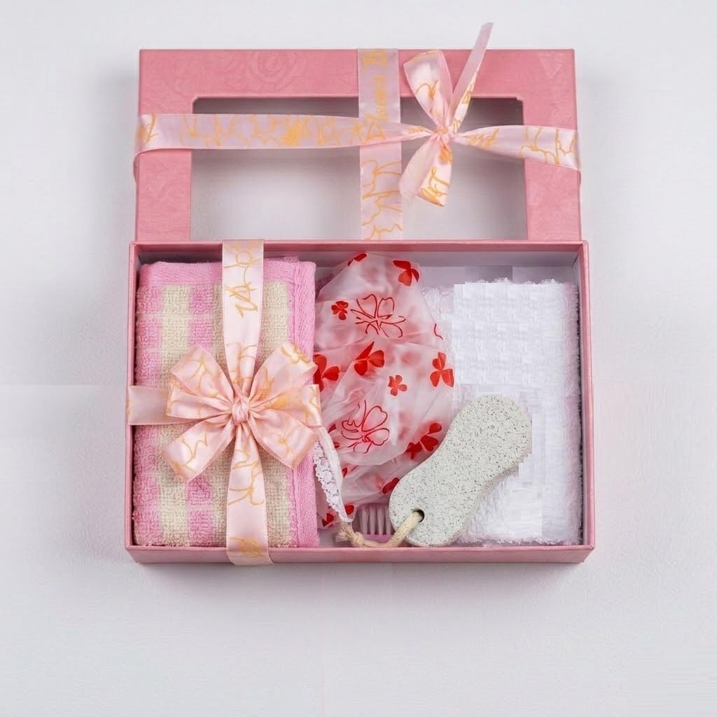 Premium 4 in 1 Home Spa Bath Gift Set for Women Birthday Self Care Kit with Waterproof Shower Cap Cotton Towel Back Scrubber Strap Foot Pumice Stone Luxury Body Cleansing Exfoliating Hamper Pink Box-1-picture-10