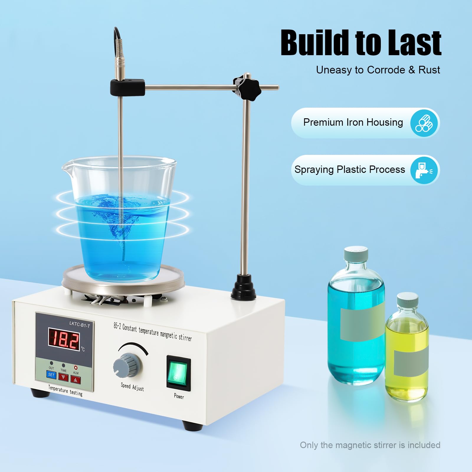 Agitateur magnétique numérique avec plaque chauffante, agitateur magnétique de laboratoire 2 l 0-2000 tr/min avec réglage de la température 0 à 99 °C et support de capteur, Stirrer magnétique
